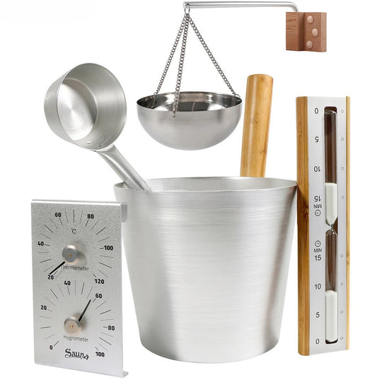 サウナアクセサリー5点セット | バケツ | ラドル | 砂時計 | 温湿度計 | アロマボウル | アルミ製