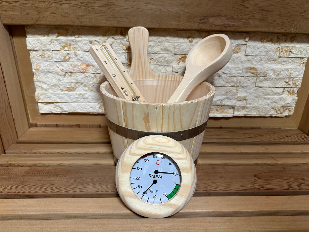 サウナストーンバスケット +ロウリュバケツセット+温湿度計ひのきチップ2kg付き サウナストーンバスケット +ロウリュバケツセット+温湿度計