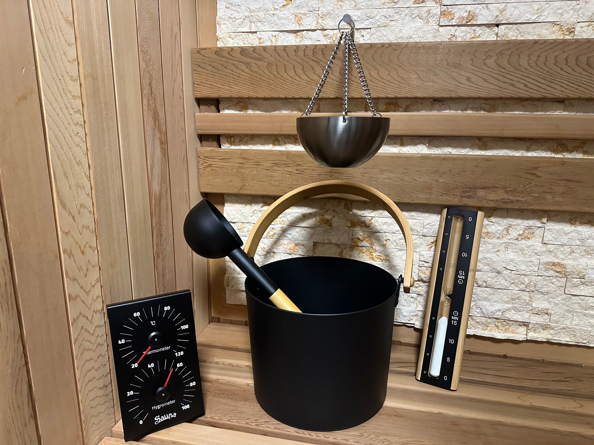 サウナアクセサリー5点セット | バケツ | ラドル | 砂時計 | 温 サウナアクセサリー5点セット | バケツ | ラドル | 砂時計 | 温