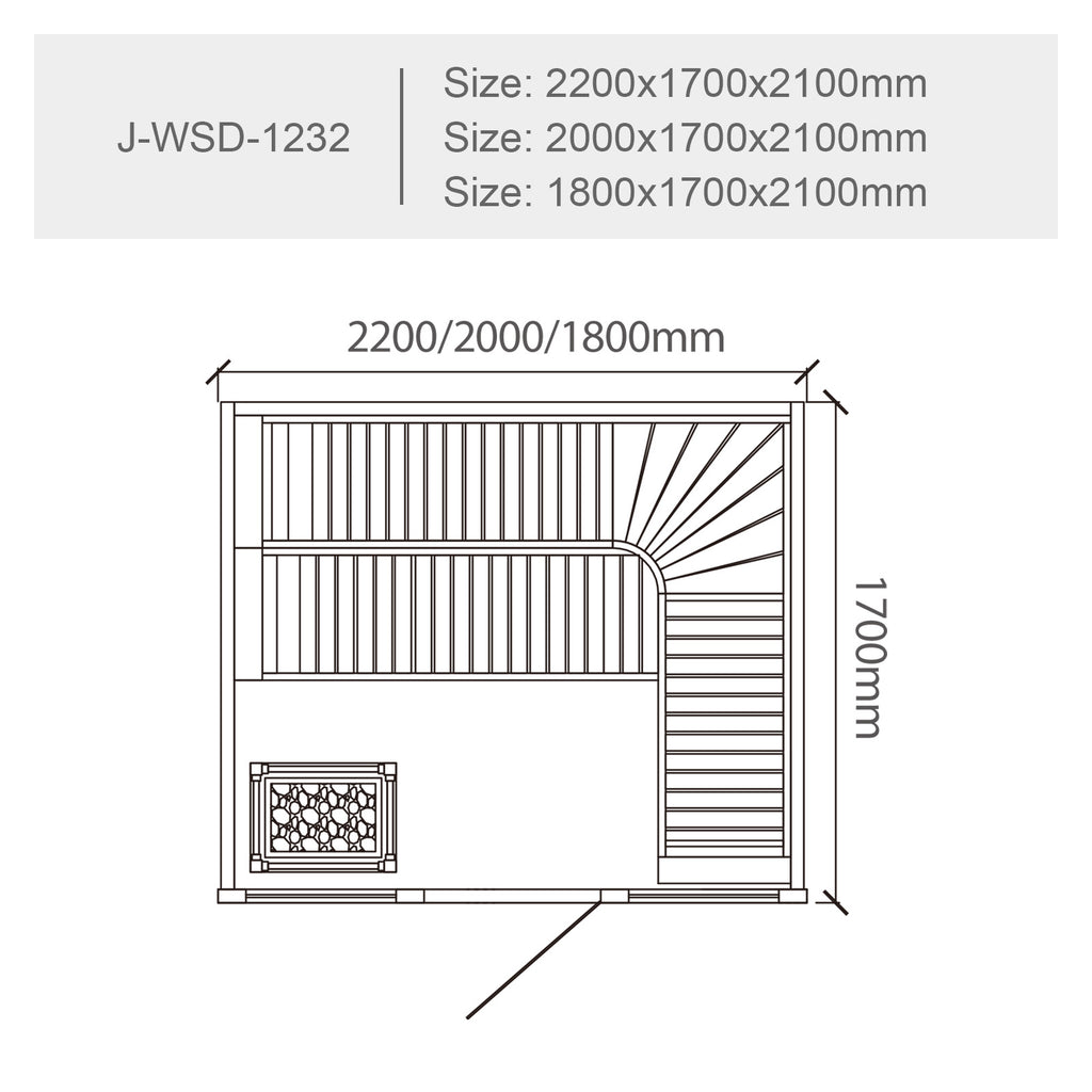 屋内サウナ | 3-4人用 石壁 2段L字 | J-WSD-1232 | Bluetoothスピーカー搭載 | 自宅サウナ