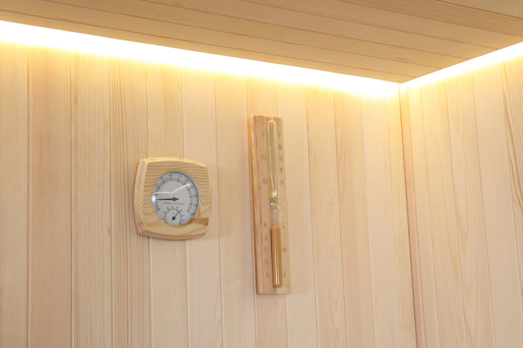 温湿度計や砂時計を付属しすぐにサウナをおたのしみいただけます