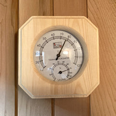 サウナに合う木製の温湿度計付き